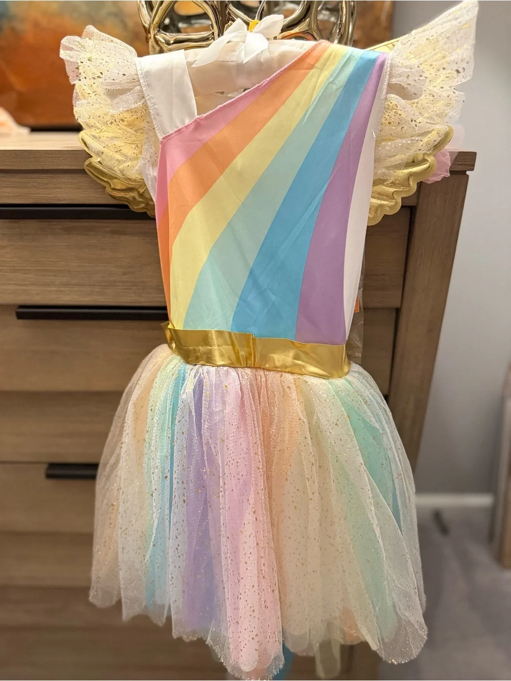 Girls Rainbow Unicorn Costume Dress with Gold Horn